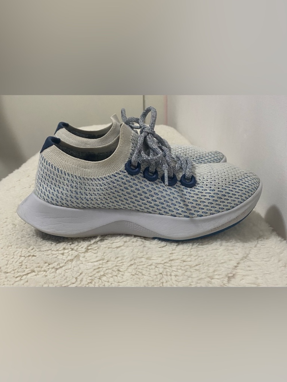 allbirds Women’s Knit Athletic Sneakers in White and Blue